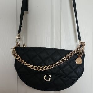 Guess Black Quilted Crossbody Bag with Gold Chain